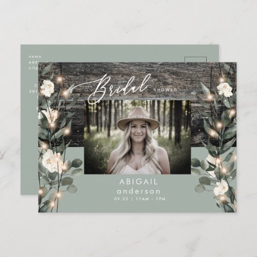 セージ素朴の葉のライトと白フローラ インビテーションポストカード (正面/裏面)