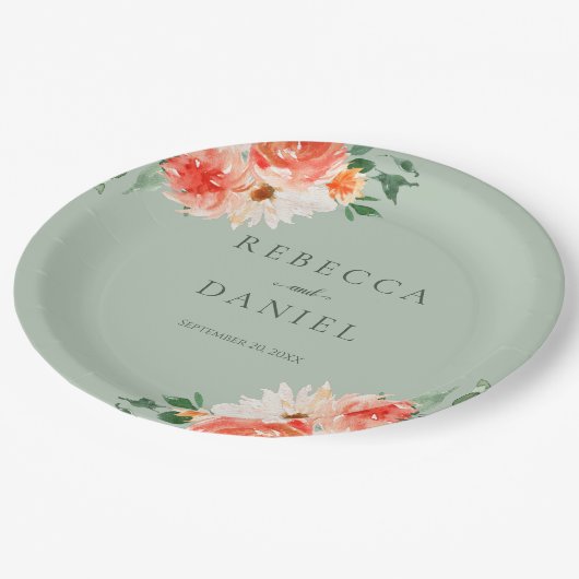 セージ素朴グリーンとオレンジの野生の花結婚の ペーパープレート (アングル)