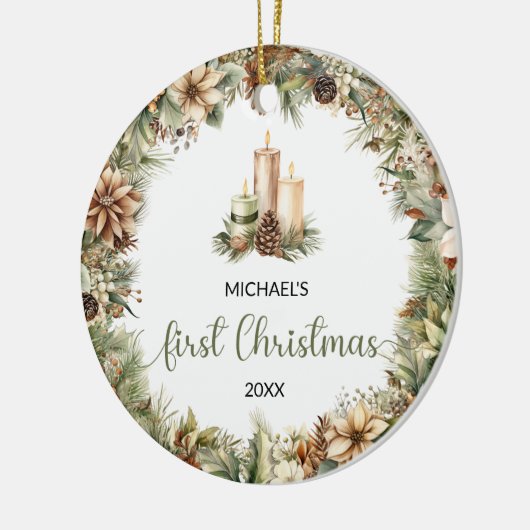 セージ素朴グリーンとベージュのクリスマスキャンドル セラミックオーナメント (左)