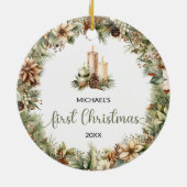 セージ素朴グリーンとベージュのクリスマスキャンドル セラミックオーナメント (裏面)