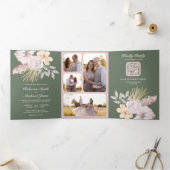セージ素朴グリーンバラピンクフローラQRコード結婚s 三つ折り招待状 (内部)
