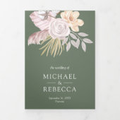 セージ素朴グリーンバラピンクフローラQRコード結婚s 三つ折り招待状 (カバー)
