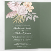 セージ素朴グリーンバラピンクフローラQRコード結婚s 三つ折り招待状 (内部最初)