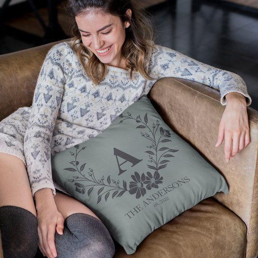 セージ素朴グリーンパーソナライズされたイニシャルモノグラム クッション