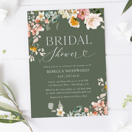 セージ素朴グリーンフローラブライダルシャワー 招待状