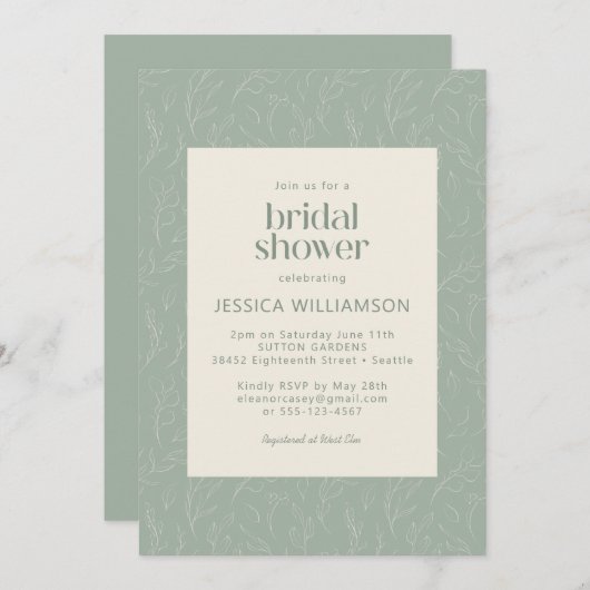 セージ素朴グリーンボタニカルフローラブライダルシャワー 招待状 (正面/裏面)
