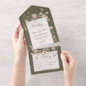 セージ素朴グリーンワイルドフラワーフレームディナー オールインワン招待状 (貼ってはがせる)