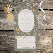 セージ素朴グリーンワイルドフラワーフレームディナー オールインワン招待状