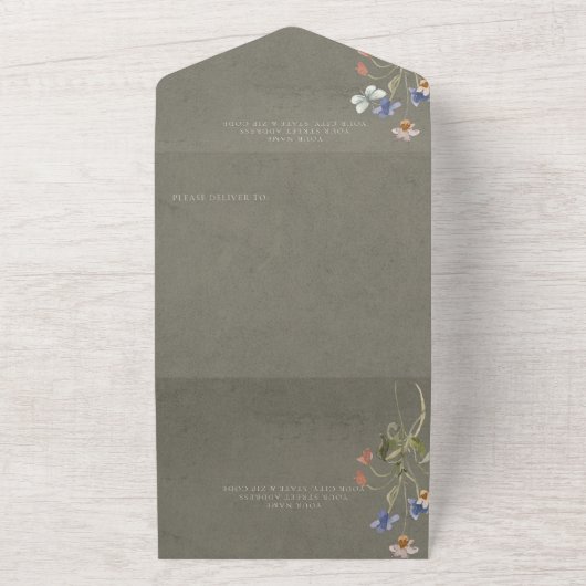 セージ素朴グリーンワイルドフラワーフレームディナー オールインワン招待状 (外側)