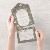 セージ素朴グリーンワイルドフラワーフレームディナー オールインワン招待状 (貼ってはがせる)