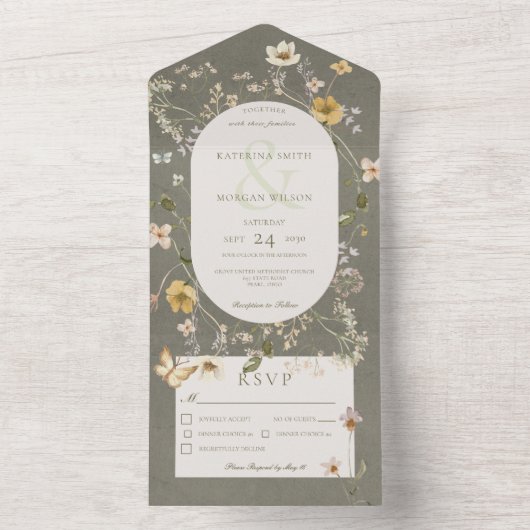 セージ素朴グリーンワイルドフラワーフレームディナー オールインワン招待状 (内側)