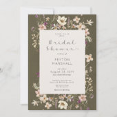 セージ素朴グリーンワイルドフラワーフレームブライダルシャワー 招待状 (正面)