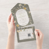 セージ素朴グリーンワイルドフラワーフレームQRコード オールインワン招待状 (貼ってはがせる)