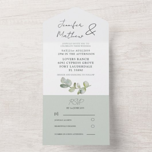 セージ素朴グリーン結婚ユーカリすべて オールインワン招待状 (内側)