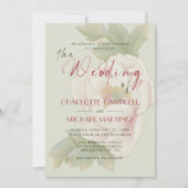 セージ素朴グリーン赤面牡丹バラフローラ結婚ズ 招待状 (正面)