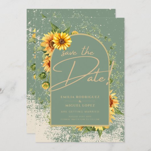 セージ素朴グリーン黄色ひまわり結婚のアリン1 招待状 (正面/裏面)