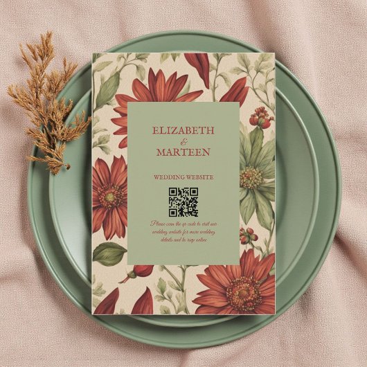 セージ素朴グリーン&バーガンディーレッドフローラ秋 エンクロージャーカード