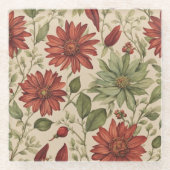 セージ素朴グリーン&バーガンディーレッドフローラ秋 ガラスコースター (正面)