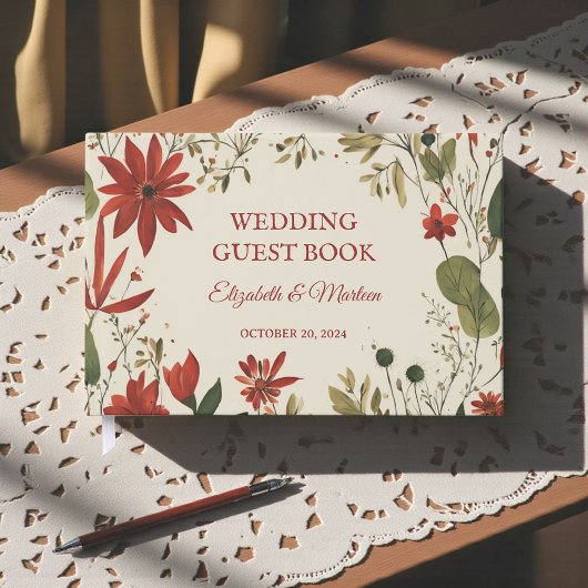 セージ素朴グリーン&バーガンディーレッドフローラ秋 ゲストブック