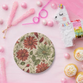 セージ素朴グリーン&バーガンディーレッドフローラ秋 ペーパープレート (パーティー)