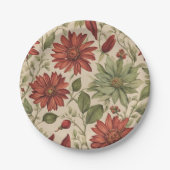 セージ素朴グリーン&バーガンディーレッドフローラ秋 ペーパープレート (正面)