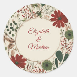 セージ素朴グリーン&バーガンディーレッドフローラ秋 ラウンドシール