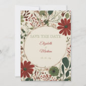 セージ素朴グリーン&バーガンディーレッドフローラ秋 招待状 (正面)