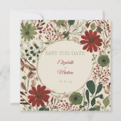 セージ素朴グリーン&バーガンディーレッドフローラ秋 招待状 (正面)