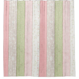 セージ素朴グリーン&ピンクフローラウッドコテージシック シャワーカーテン