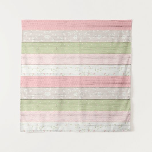 セージ素朴グリーン&ピンクフローラウッドコテージシック タペストリー (正面(横))