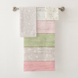 セージ素朴グリーン&ピンクフローラウッドコテージシック バスタオルセット