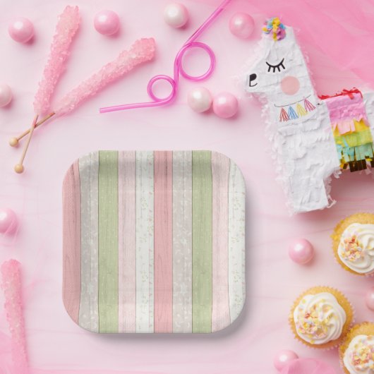 セージ素朴グリーン&ピンクフローラウッドコテージシック ペーパープレート (パーティー)