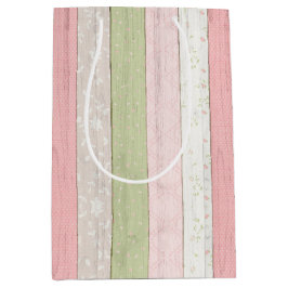 セージ素朴グリーン&ピンクフローラウッドコテージシック ミディアムペーパーバッグ