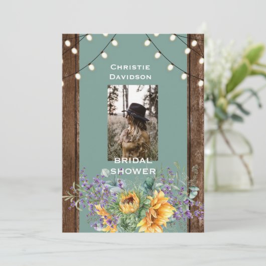 セージ素朴サンフラワーフォトライトブライダルシャワー 招待状 (スタンド正面)