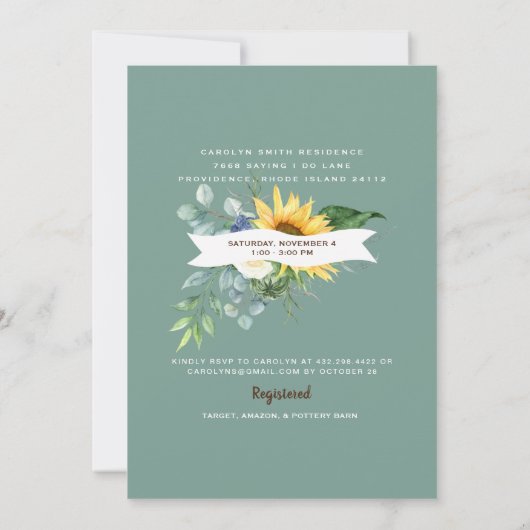 セージ素朴サンフラワーフォトライトブライダルシャワー 招待状 (裏面)