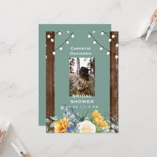 セージ素朴ヒマワリブライダルシャワー 招待状 (正面/裏面インサイチュ)