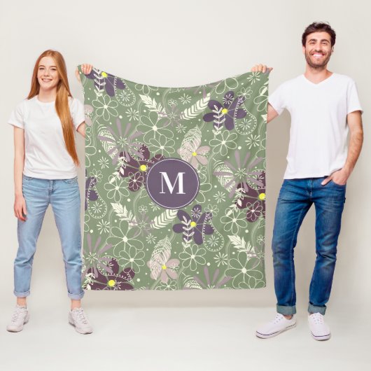 セージ紫の梅薄紫羽花 フリースブランケット (インサイチュ)