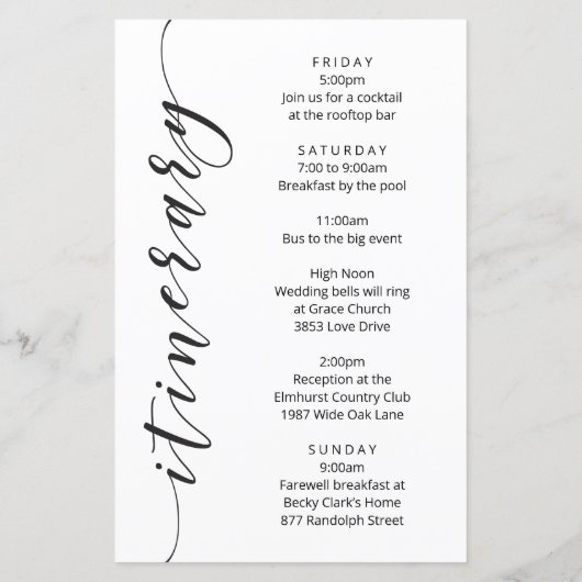 セージ結婚グリーンのウェルカムレター、旅程 (裏面)