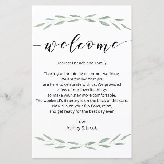 セージ結婚グリーンのウェルカムレター、旅程 (正面)