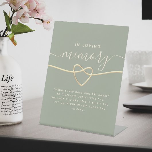 セージ結婚グリーンの金ゴールドハート付きメモリアル標識 台座サイン
