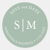 セージ結婚グリーンモノグラムの ラウンドシール (正面)