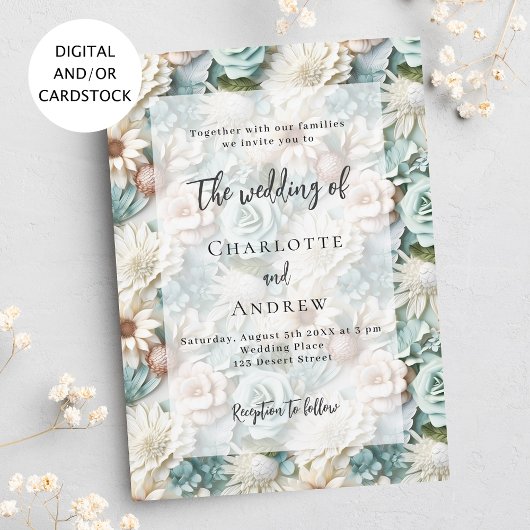 セージ結婚グリーン白花模様エレガント 招待状