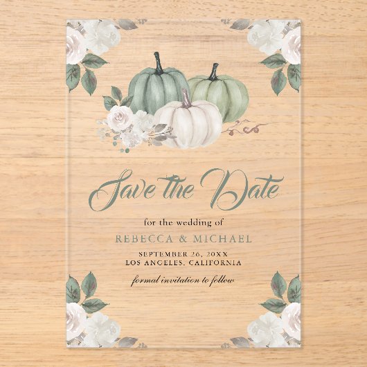 セージ緑かぼちゃのフローラ結婚式の日付を保存 アクリル招待状 (正面)