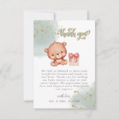 セージ緑かわいいクマの水の色ハート赤ちゃんシャワー サンキューカード (正面)