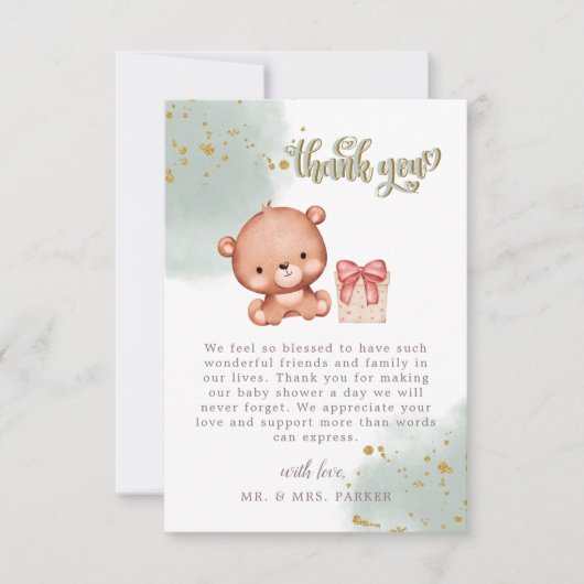 セージ緑かわいいクマの水の色ハート赤ちゃんシャワー サンキューカード (正面)
