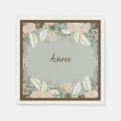 セージ緑とクリーミーなバニラウォーターカラーの花 スタンダードカクテルナプキン (正面)