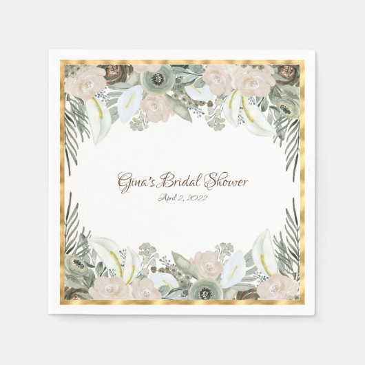 セージ緑とクリーミーなバニラウォーターカラーフラワーN スタンダードカクテルナプキン (正面)