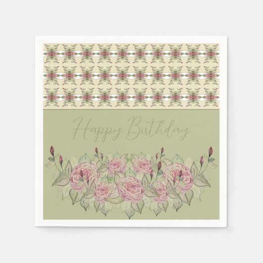 セージ緑とクリーム色の白とバラ スタンダードカクテルナプキン (正面)
