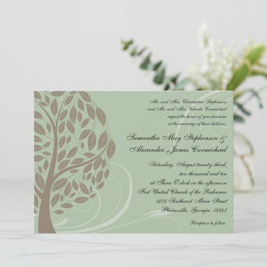セージ緑とソフトブラウンの様式化エコツリー 招待状 (スタンド正面)