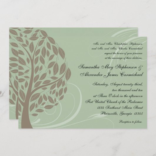 セージ緑とソフトブラウンの様式化エコツリー 招待状 (正面/裏面)